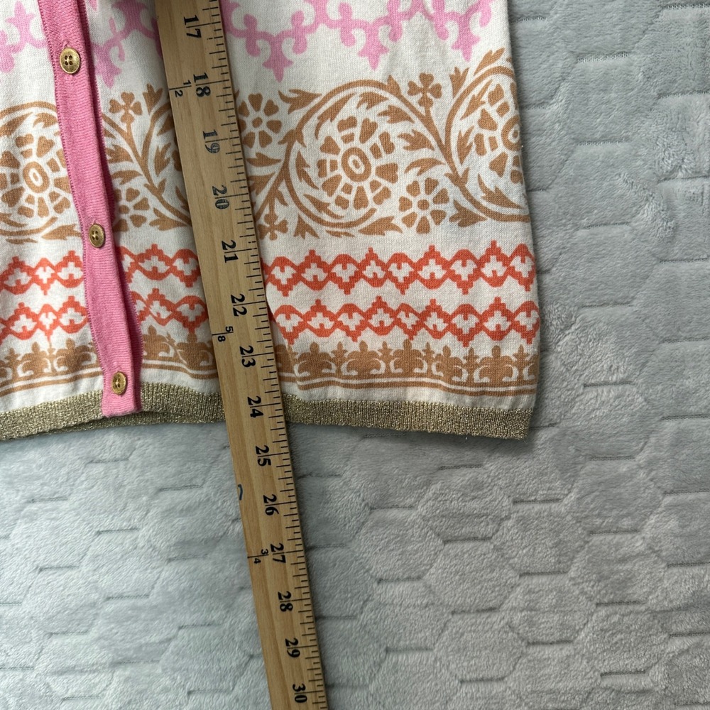 J.McLaughlin Women Cardigan Pink S Preppy Geometric Metallic Trim 3/4 Sleeve‎ - Picture 8 of 8